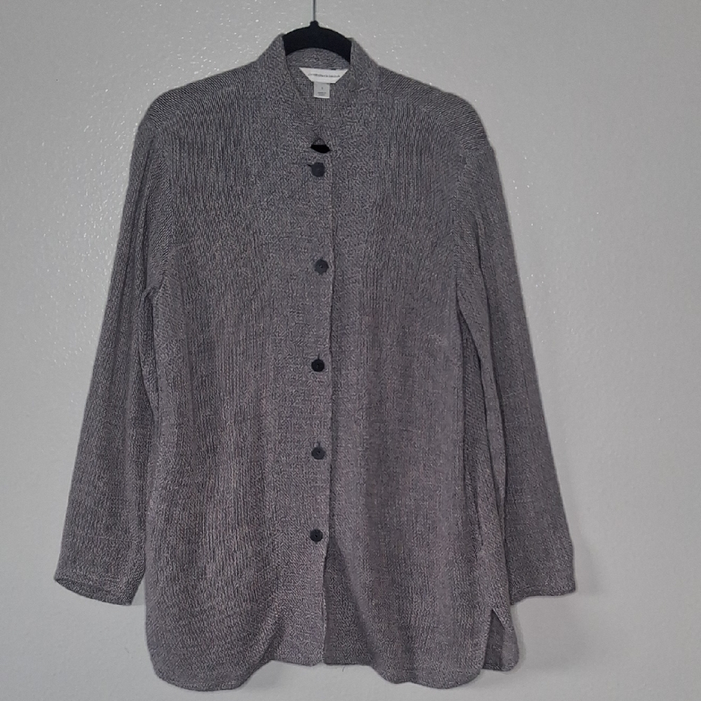Christopher & Banks Linen Cotton Jacket Gray-Blue Pockets Longline Coastal S